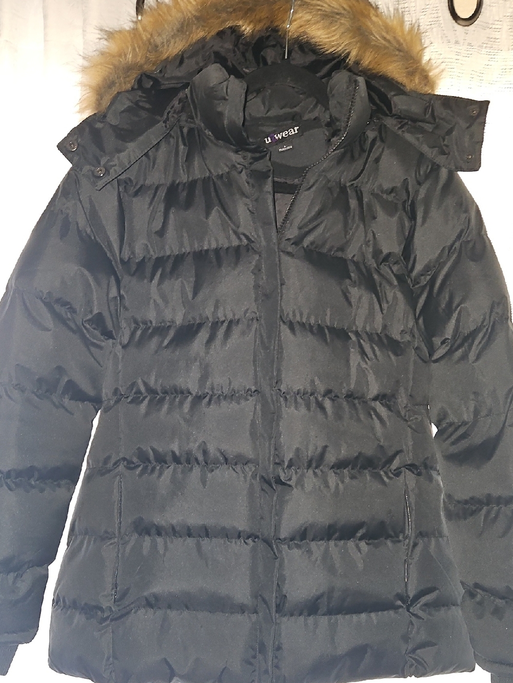 Women's Black Hooded Puffer Jacket with Faux-Fur Trim